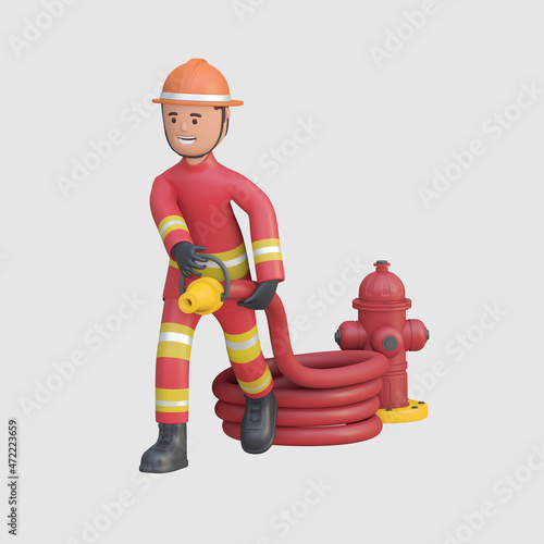Firefighter holding water hose with red suit uniform and orange safety helmet beside fire hydrant 3d render illustration photo