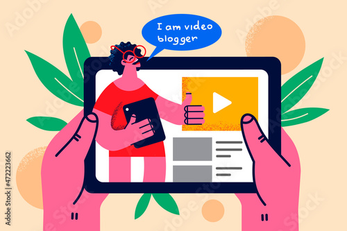 Person watch blogger video on tablet gadget 
