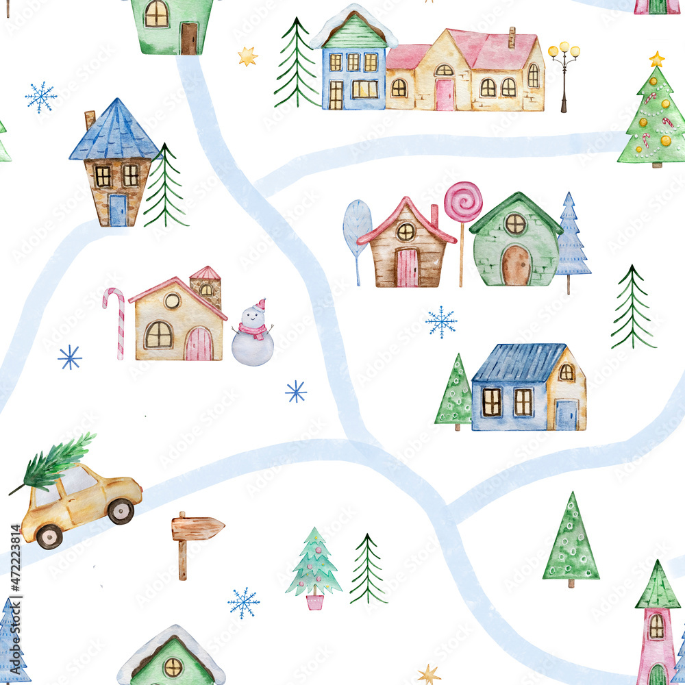 Watercolor winter pattern with a map of the winter city