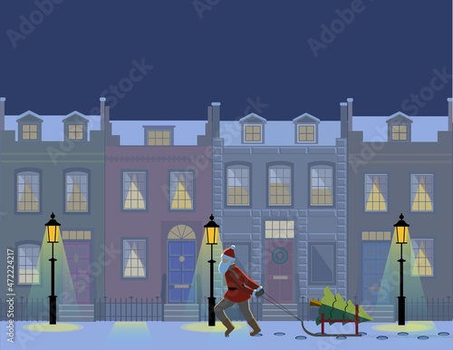 Santa pulling a sled with a Christmas tree on a snowy city street. Lamp lights during winter night. Vector Illustration