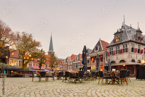View at the Roode Steen city center square with christmas decoration in the Dutch city of Hoorn, The Netherlands