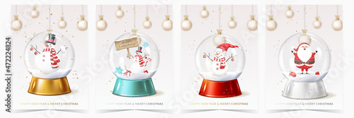 Set of Christmas and New Year greeting card with transparent snow globes with snowman and Santa Claus.
