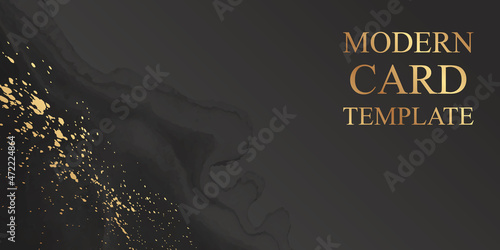 Modern watercolor background or elegant card design or wallpaper or poster with abstract black ink waves and golden splashes.