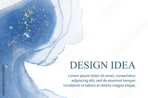 Modern watercolor background or elegant card design or wallpaper or poster with abstract blue ink waves and golden splashes.