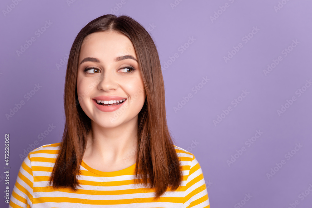 Photo of young pretty lady wondered look empty space idea plan creative isolated over violet color background Photo of young pretty lady wondered look empty space idea plan creative isolated over violet color background