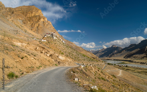 Key monastery flanked by Himalayas and Spiti river, Himachal Pra