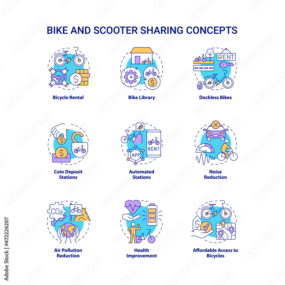 Bike and scooter sharing concept icons set. Green transportation option idea thin line color illustrations. Bicycle rental. Noise reduction. Vector isolated outline drawings. Editable stroke