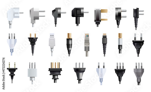 Vector collection of realistic plugs and connectors.