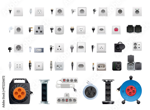 Collection of realistic sockets and adapters isolated on white background.