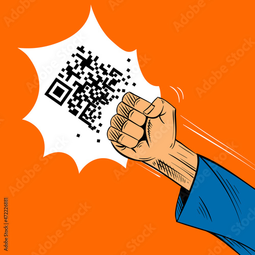 Smashed the QR code with a blow of the hand. Hand drawn vector illustration