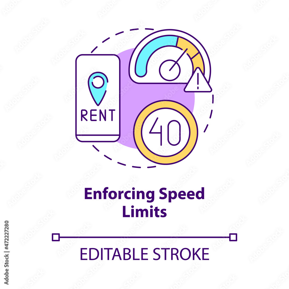 Enforcing speed limits concept icon. Scooter sharing regulation abstract idea thin line illustration. Public transportation safety. Vector isolated outline color drawing. Editable stroke Enforcing speed limits concept icon. Scooter sharing regulation abstract idea thin line illustration. Public transportation safety. Vector isolated outline color drawing. Editable stroke