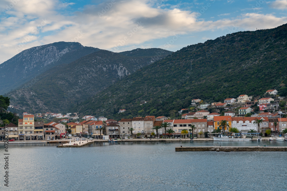 view of the town of Trpanj and harbor on the Dalmatian Coast of Croatia