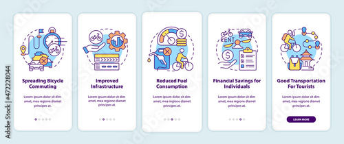 Bike sharing benefits onboarding mobile app page screen. Bicycle commuting walkthrough 5 steps graphic instructions with concepts. UI, UX, GUI vector template with linear color illustrations