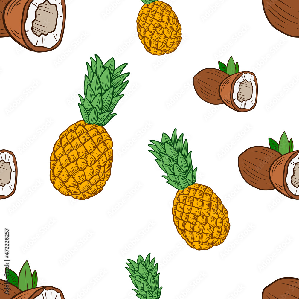 Coconut and Pineapple Seamless Pattern, Pina Colada. Coconut and Pineapple Seamless Pattern, Pina Colada.