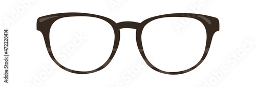 cartoon black glasses. Eyeglasses for hipster or nerd, vintage eyewear, modern eyeglass in dark plastic frame, vector illustration