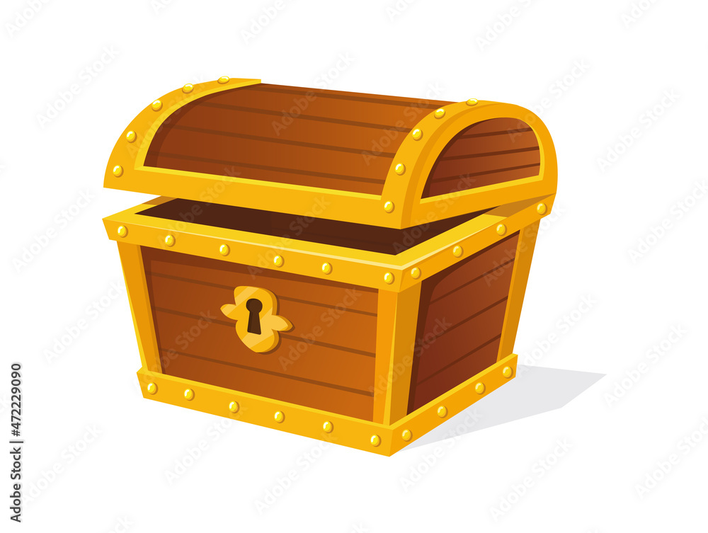 Opening chest. Wood Box trashure for gems or dollar, vector icon Opening chest. Wood Box trashure for gems or dollar, vector icon