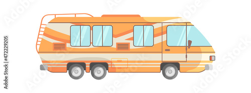 Orange mobile home. Family car on vintage vehicle, icon flat vector illustration