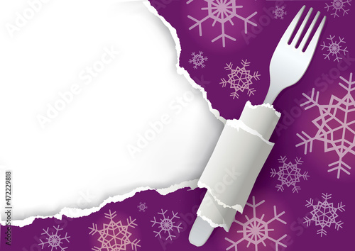 Christmas ripped paper background, menu. 
Illustration of violet torn paper with fork and snowflakes. Place for your text or image.Vector available.