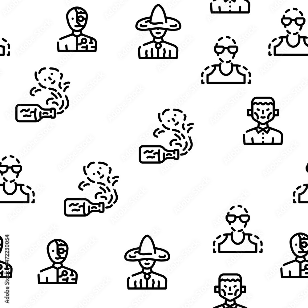 Fantasy And Magical Character Vector Seamless Pattern Thin Line Illustration