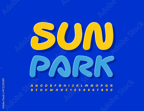 Vector colorful Sign Sun Park. Yellow Handwritten Font. Creative Alphabet Letters and Numbers set