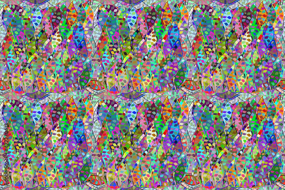 Seamless pattern with interesting doodles on colorfil background. Pano. Raster illustration. Seamless pattern with interesting doodles on colorfil background. Pano. Raster illustration.