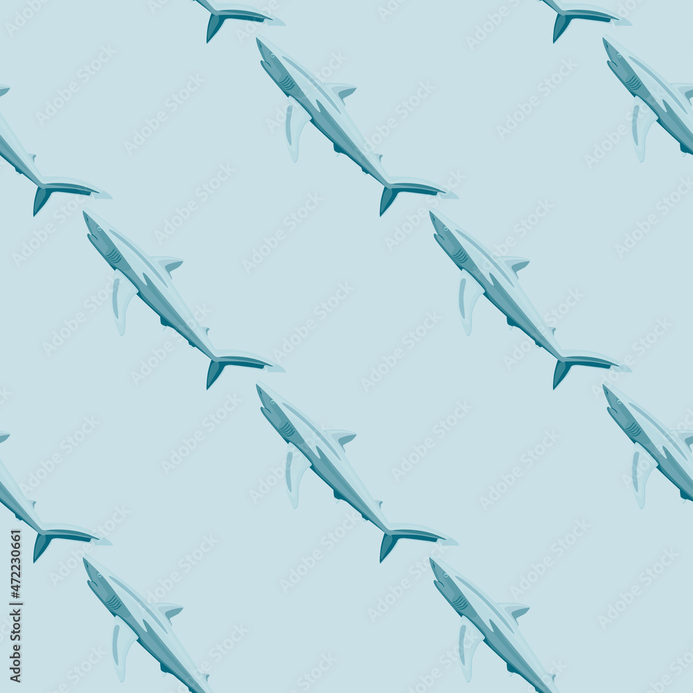 Obraz premium Seamless pattern Blue shark on pastel background. Texture of marine fish for any purpose.