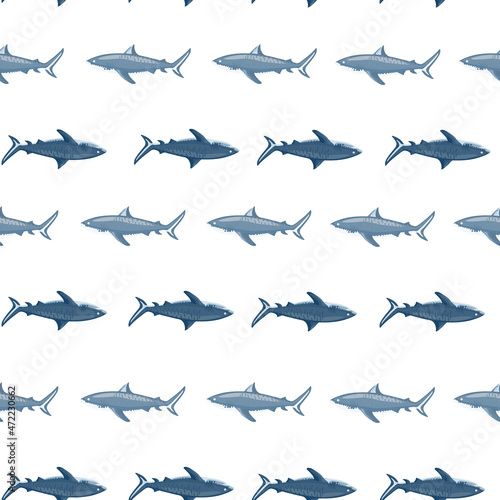 Seamless pattern Tiger shark isolated on white background. Textured of marine fish for any purpose.