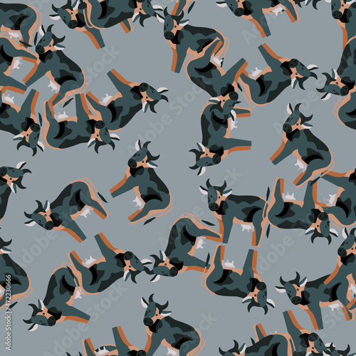 Seamless pattern cow on gray background. Abstract texture of farm animals for any purpose.