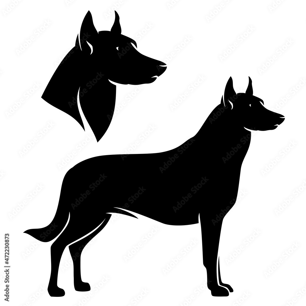 standing side view beauceron and french shepherd dog profile head - black and white vector silhouette design set