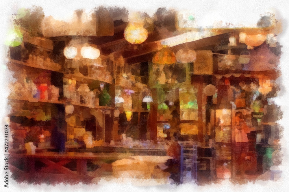 Antique antique shop with lots of antique lamps and antiques. watercolor style illustration impressionist painting.
