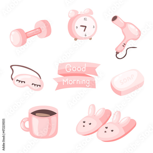 Cute morning routine stickers set in doodle style. Everyday morning habits cartoon icons. Sleep mask, pink ribbon, soap, slippers, hairdryer, alarm clock, dumbbell and coffee mug.