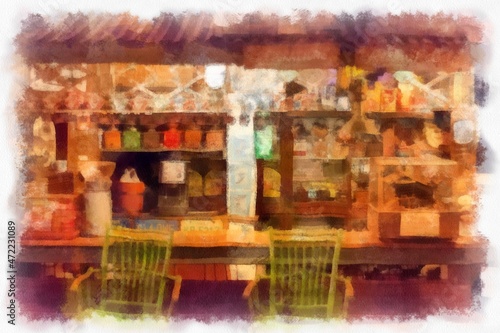 wooden antique shop watercolor style illustration impressionist painting.