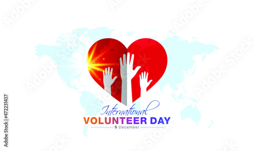 International Volunteer day wish greeting card, poster and website banner design with world map helping hands charity icon and heart. Vector illustration