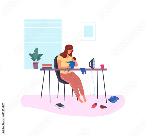 Postnatal depression. Postpartum anxiety, difficult parenting, vector illustration