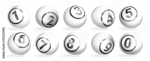 Vector realistic illustration of lotto white balls with grey numbers. Lottery gambling glossy spheres. Leisure sport game, snooker or billiard bingo ball isolated on white background.