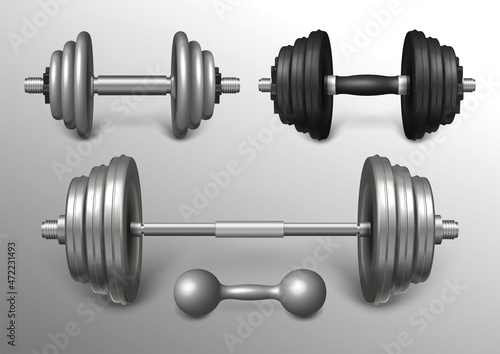 Set of metal barbell and loadable dumbbells realistic vector illustration. Heavy fitness sport tools for training, weightlifting workout. Powerlifting gear and gym equipment for strong muscles.