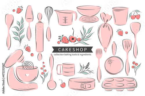 Big set tools, accessories and Ingredients  for cooking, baking items  dessert and pastry dishes. Whisk, cutlery, spatulas, mixer, scale. Vector illustration 