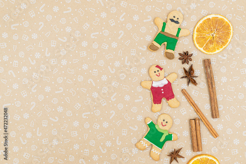 Gingerbread cookies on brown background