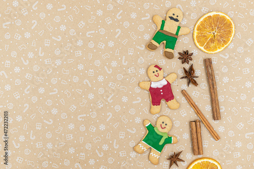 Gingerbread cookies on brown background