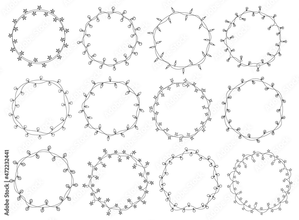 christmas new year wedding celebration party hanging string lights decoration round circles garlands set, isolated vector illustration festive graphic christmas new year wedding celebration party hanging string lights decoration round circles garlands set, isolated vector illustration festive graphic