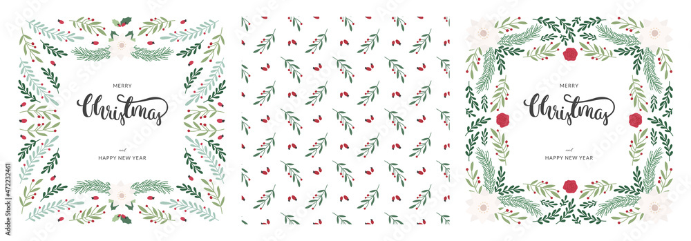 Set of Christmas square cards with floral border and brush calligraphy. With decorative pattern. Vector on white background.