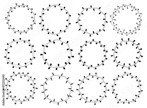 christmas new year wedding celebration party hanging string lights decoration round circles garlands set, isolated vector illustration festive  graphic