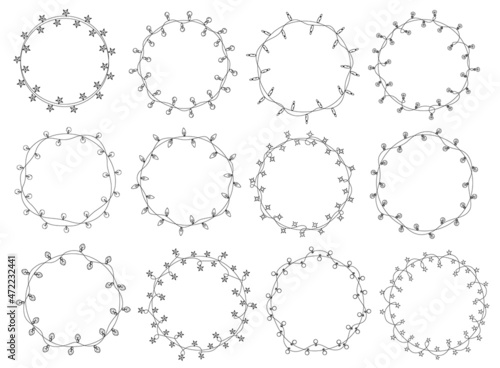 christmas new year wedding celebration party hanging string lights decoration round circles garlands set, isolated vector illustration festive  graphic