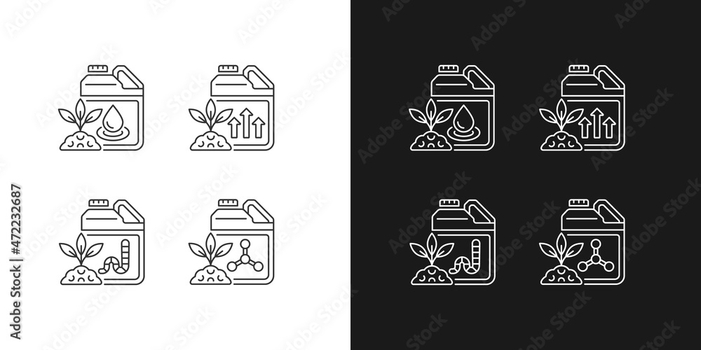 Liquid supplements linear icons set for dark and light mode. Fluid fertilizer for ground and roots. Customizable thin line symbols. Isolated vector outline illustrations. Editable stroke