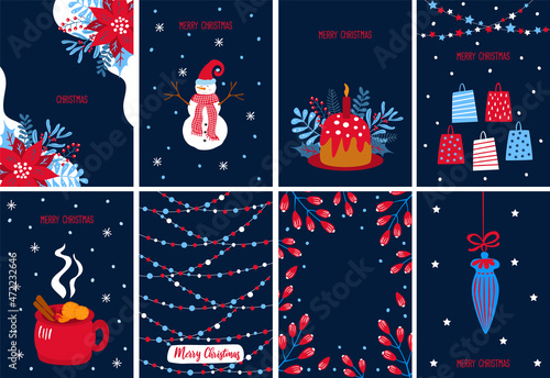 merry christmas xmas happy new year festive greeting card template background in navy blue red and white colors, vector illustration graphic