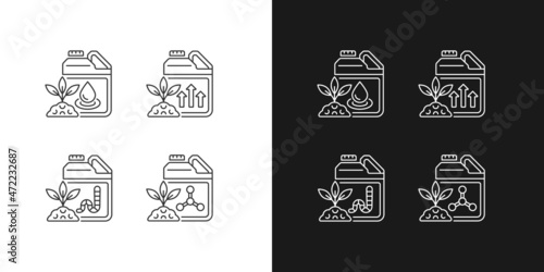 Liquid supplements linear icons set for dark and light mode. Fluid fertilizer for ground and roots. Customizable thin line symbols. Isolated vector outline illustrations. Editable stroke
