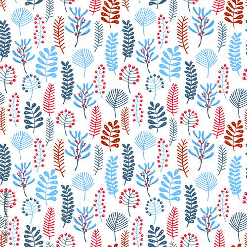 merry christmas and happy new year winter seasonal xmas seamless pattern with foliage, plants berries branches, endless repeatable textue , vector illustration graphic