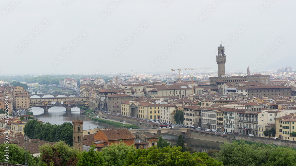 Florence, Italy, May 2011, panoramic view of Florence and the Ponte Vecchio bridge over the river