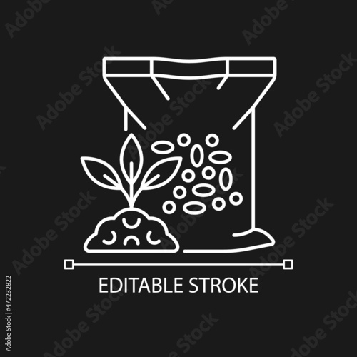 Granular fertilizer linear icon for dark theme. Plants growth increasing. Supplements for ground. Thin line customizable illustration. Isolated vector contour symbol for night mode. Editable stroke