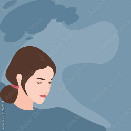 Close up side view of a sadness young woman on a dark blue background covered with clouds.Vector isolate flat design concept for health care someone who in lonely,depression or sadness and sorrow.